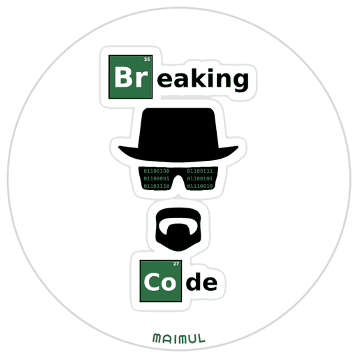 Breaking Code logo: a hat, binary glasses and goatee between Br and Co periodic-table tiles, signed Maimul